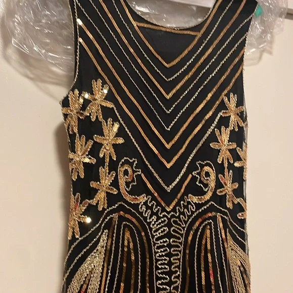 Elegant Black and Gold Embellished Dress 20s Flapper style Medium Great Gatsby - Picture 10 of 17